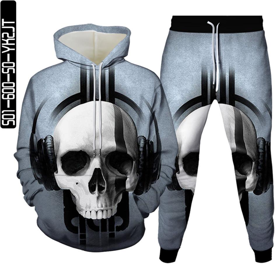Conjuntos de chándal para hombre Hip Hop Punk Skull Fire Sudaderas con capucha impresas en 3D Pantalones para correr Traje de alta calidad para mujer Ropa de calle Tallas grandes S-6XL
