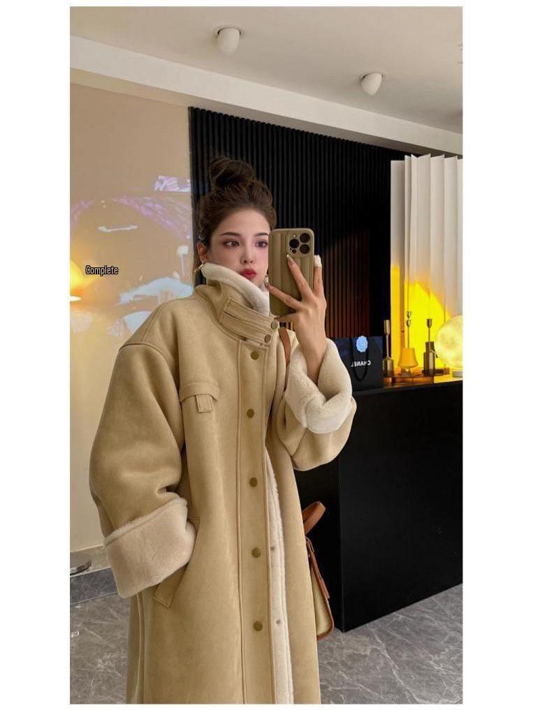 Dámský Trendy Zimní Semišový Hrubý Dlouhý Motorkářský Kožený a Kožešinový Jednodílný Kabát