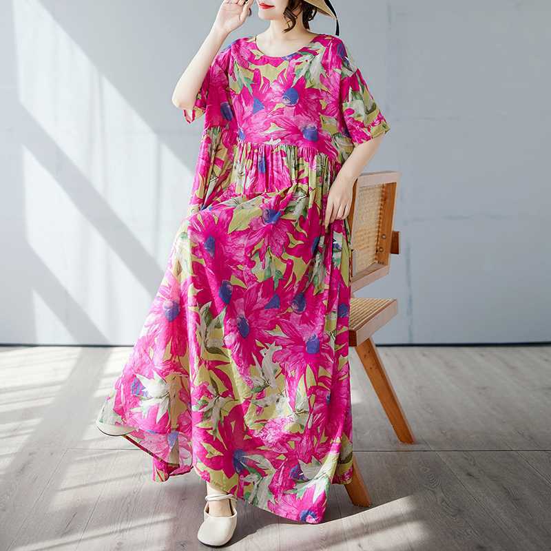 Einfacher und modischer langer Rock Sommer Kurzärmel Rundhals bedrucktes Kleid