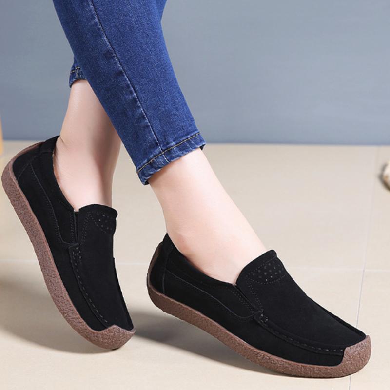 Slip-on Women Genuine Leather Loafers Casual Walking Shoes Elastic Ladies Working Driving Shoes Mother Shoes