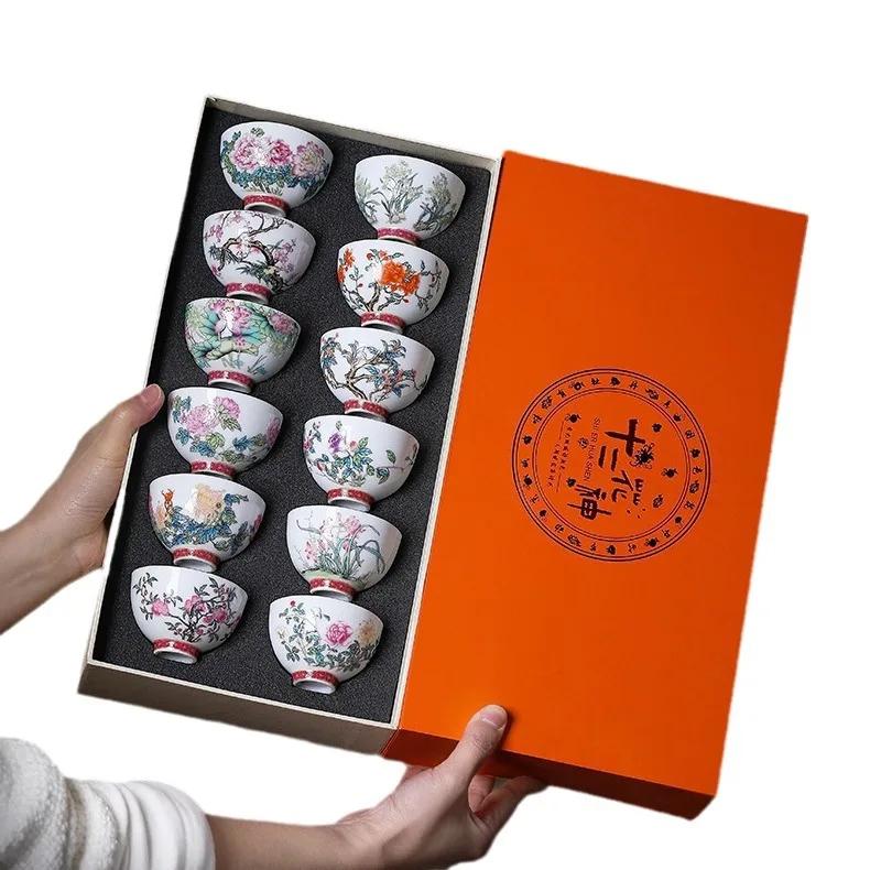 80ml teacup Twelve Flower God Cup Tea Cup Kung Fu Tea Set Ceramic tea set Gift set  12pcs/set cups