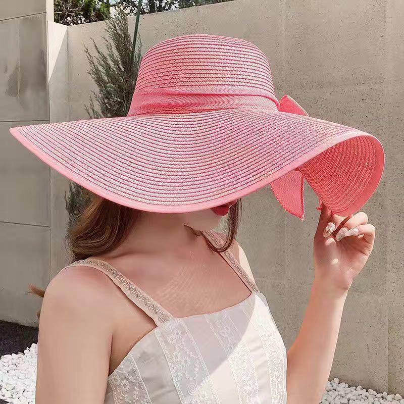 Hat Women's Spring and Summer New Large Brim Straw Hat Summer UV Protection Sun Protection Hat Foldable Bow Sun Hat