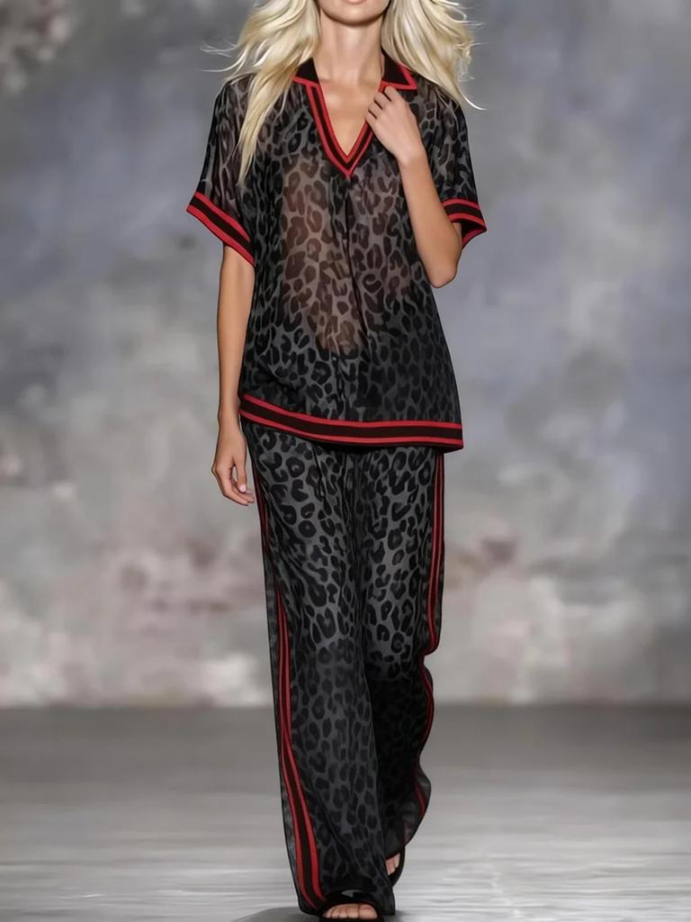 DM078 2026 Cross-border Spice Girl Vacation Leopard Print Collided Red Edge Chiffon Set V-Neck Short Sleeve Top Wide Leg Trousers