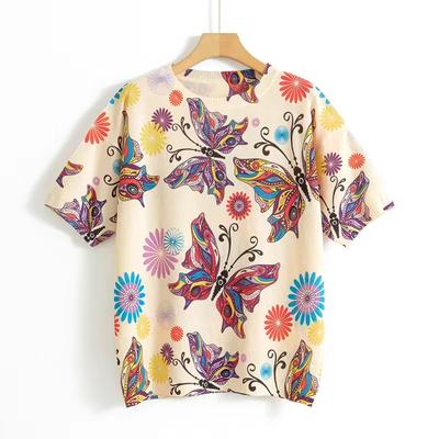 Womens Casual O Neck Knitted Short Sleeve Tops Spring Knitwear Pullovers Floral Printed Ladies Breathable TShirt