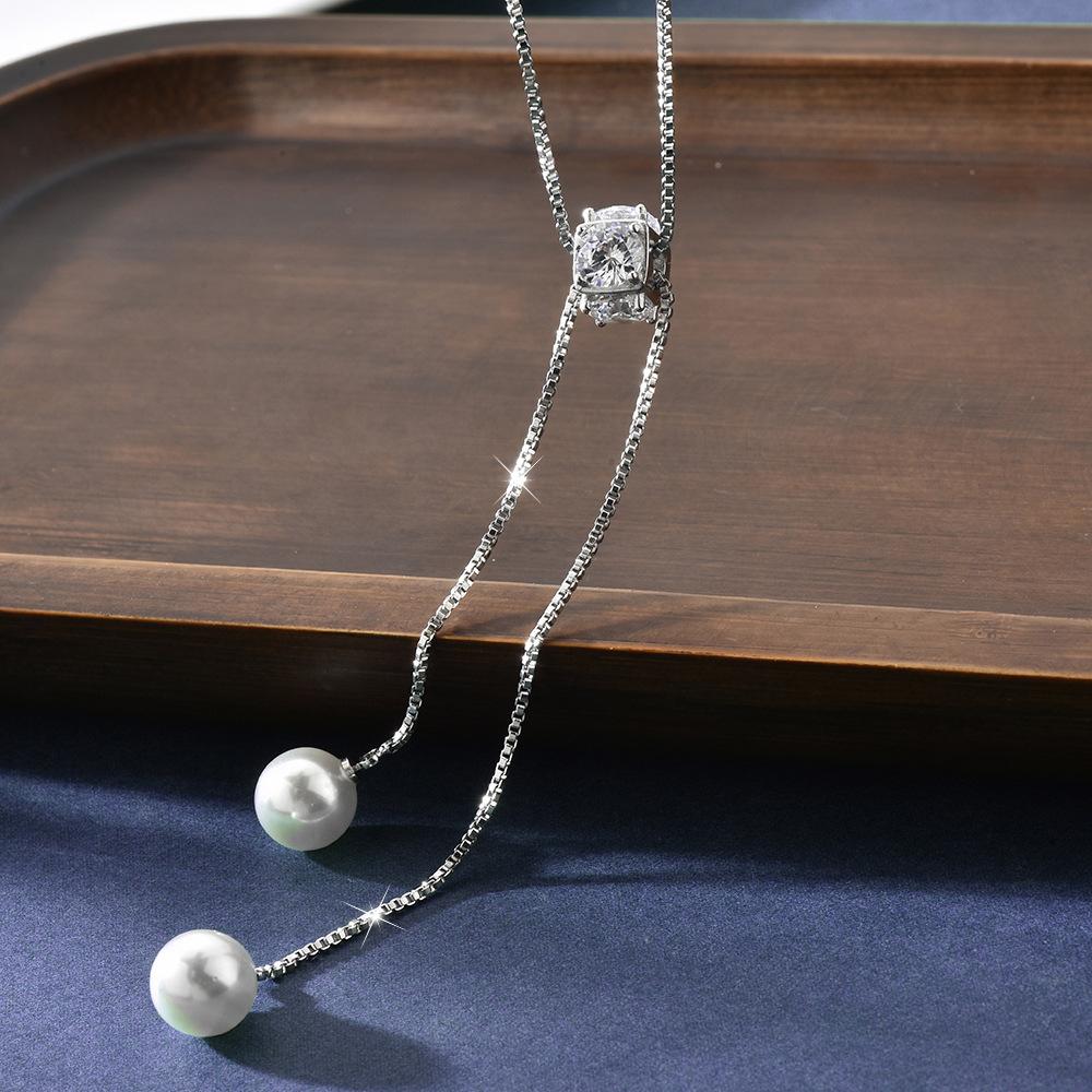 Autumn And Winter Fashionable Simple Long Fringed Necklace Women S Pearl Zircon Rubik S Cube Sweater Chain Autumn And Winter Versatile