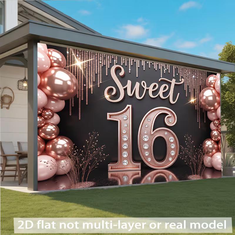 2D Sweet 16th Birthday Backdrop Rose Gold Balloon Party Background