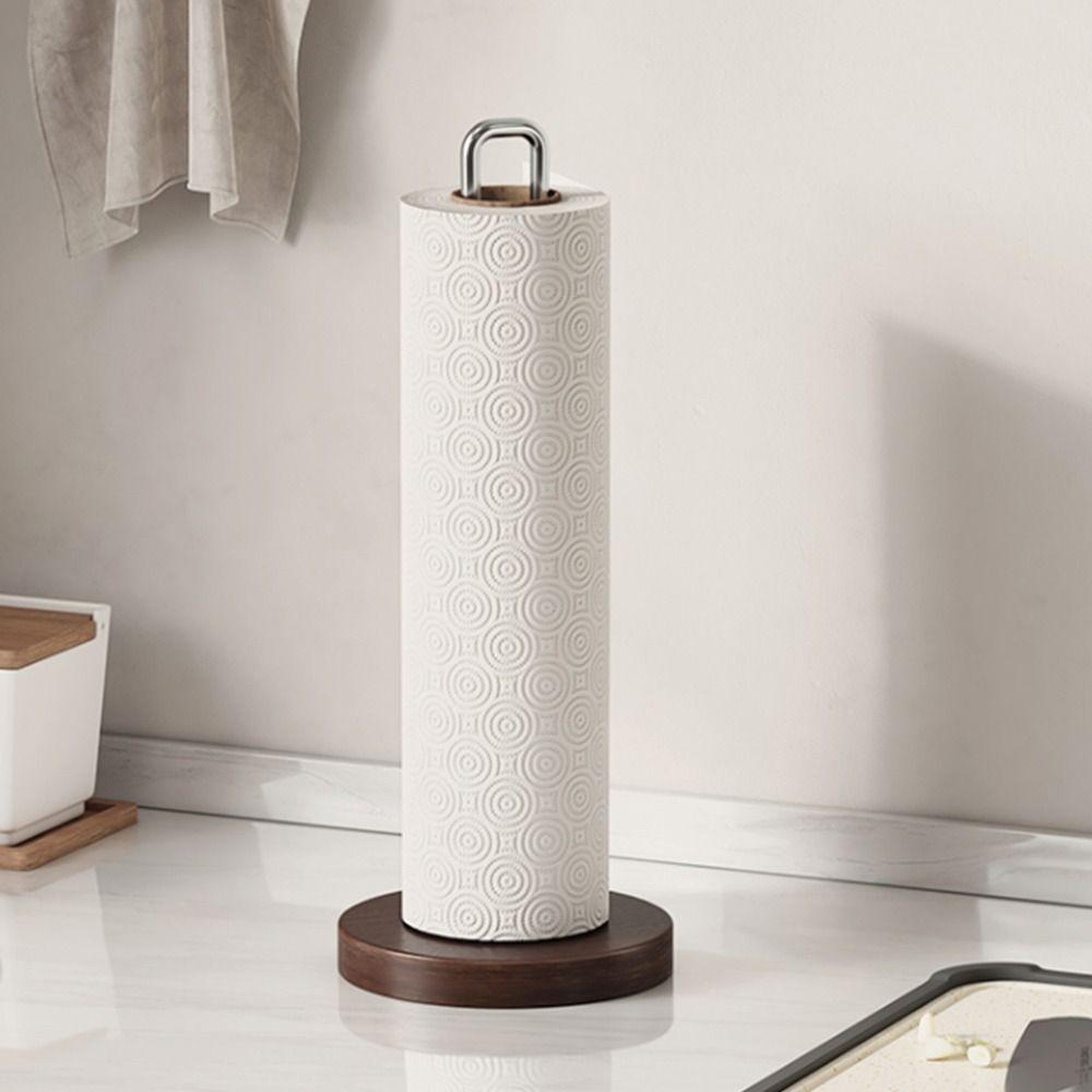 Stainless Steel Paper Towel Stand Wooden Base One-Handed Tear Paper Towel Rack Durable Non-Slip Wood Paper Towel Holder Kitchen