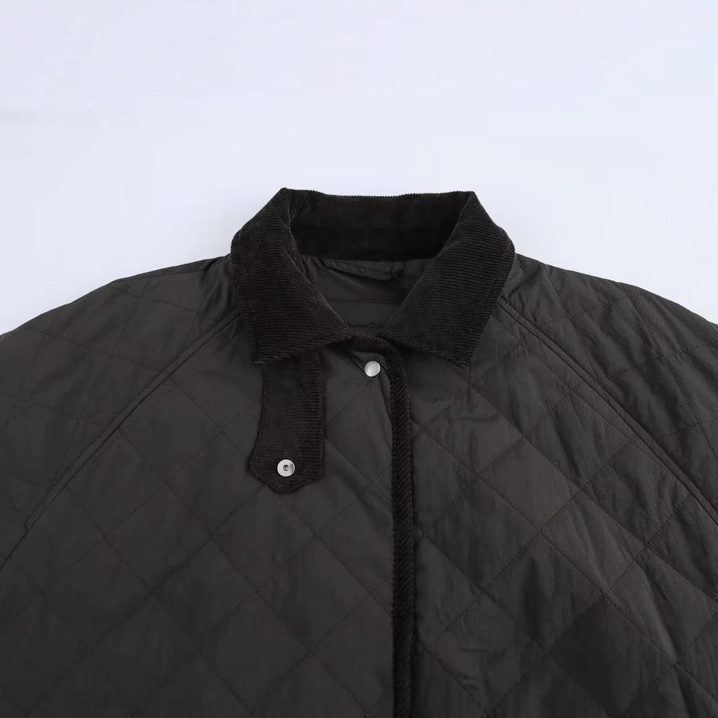 2024 Autumn Women's European & American Style High Neck Diamond Pattern Short Cotton Jacket