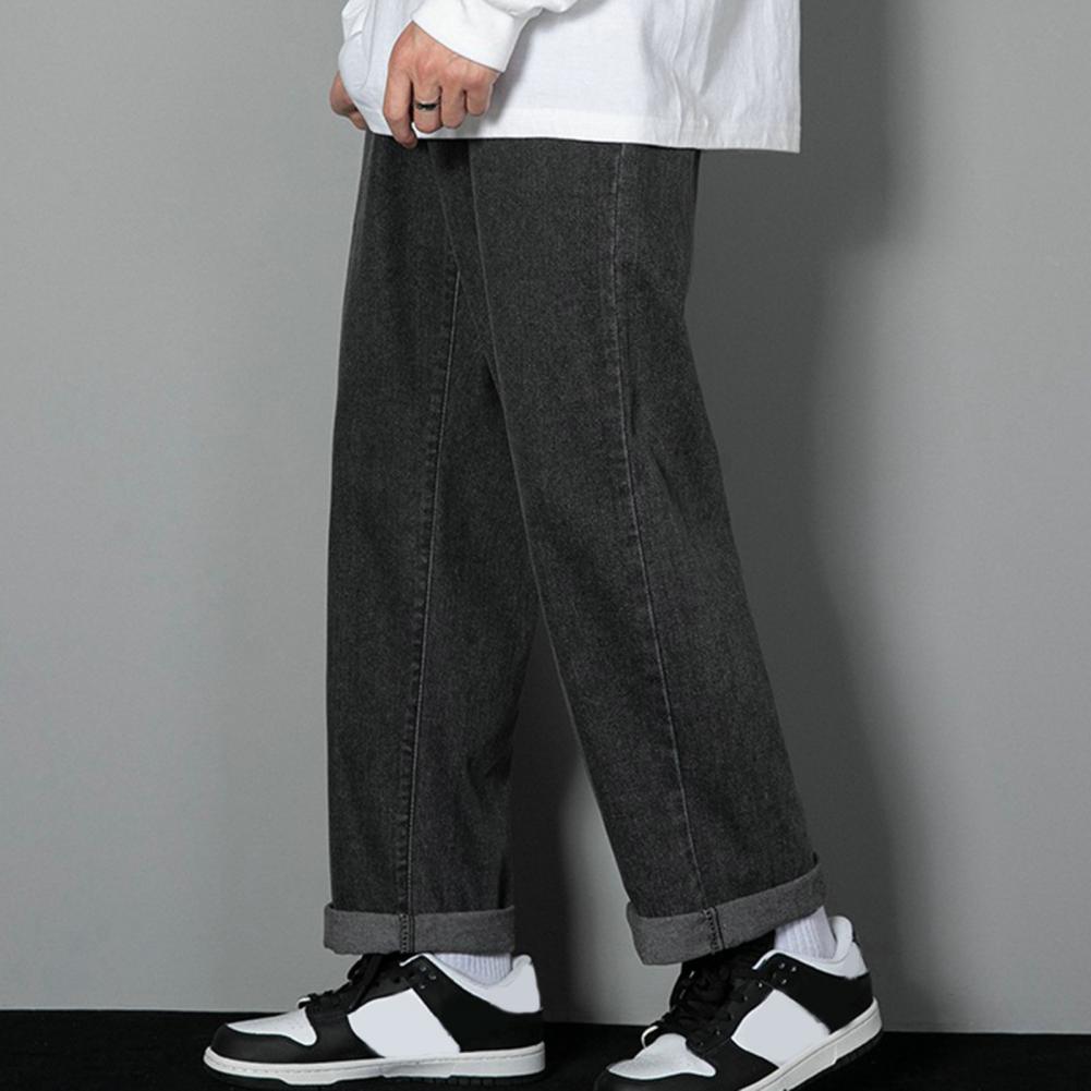 Men Pants Straight Wide Leg Loose Deep Crotch Solid Color Retro Soft Breathable Button Zipper Closure Streetwear Men Long Trouse