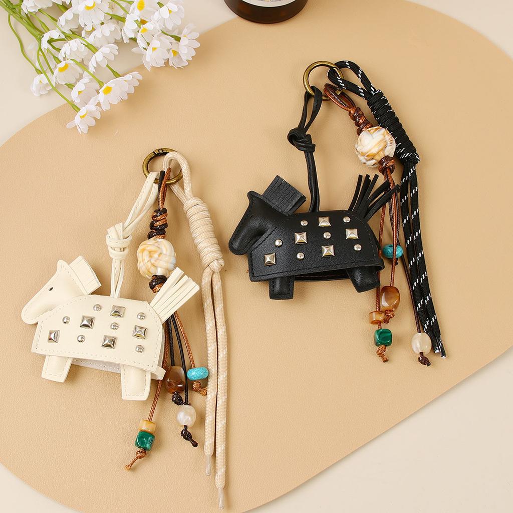 Pony beaded braided rope pendant car pendant key pendant pu leather new rivets war horse bag pendant