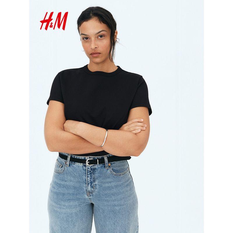 

Женская футболка HM 2025 Лето Новинка Рубчик круглый вырез короткий рукав Свободный Повседневный и Удобный Хлопковый Топ 1264833 Black/White Stripes 160/88(S)