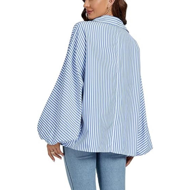 Women's Elegant Loose Casual Single Breasted Striped Shirt Lantern Sleeve Long Sleeve Lapel Shirt