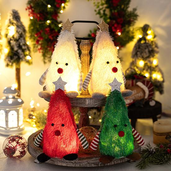 Light-up Plush Christmas Tree Doll Decoration Stuffed Fluffy Xmas Tree Shaped Gnome Elf Ornament with Glitter Star Topper for Hotel Mall Window Decor