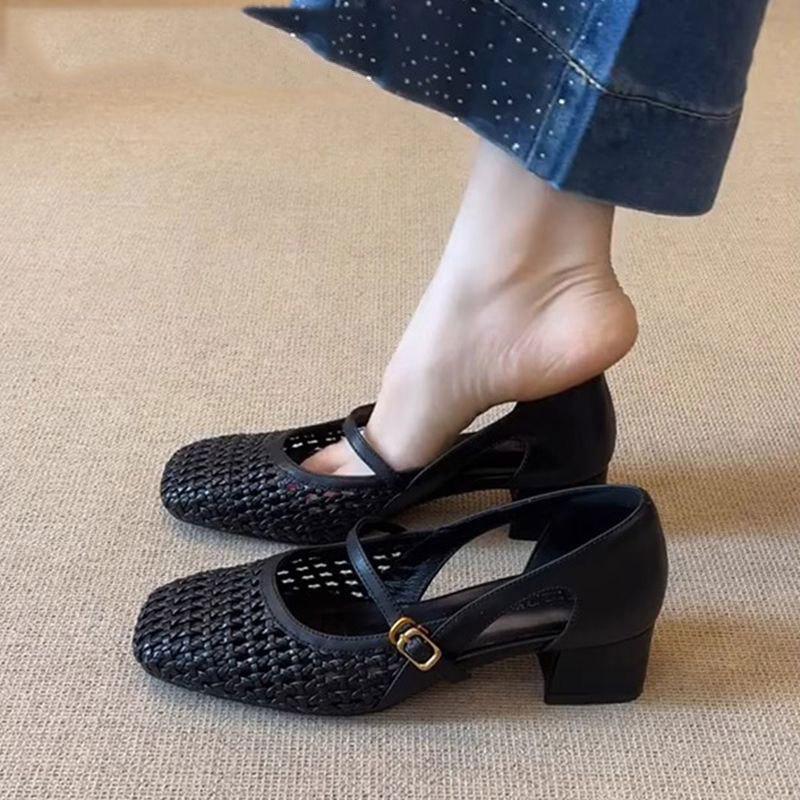 Super Soft Leather~ French Cool Single Shoes Women's Woven Hollow Hole Shoes Retro Shallow Mouth Side Hollow Breathable Mary Jane Shoes