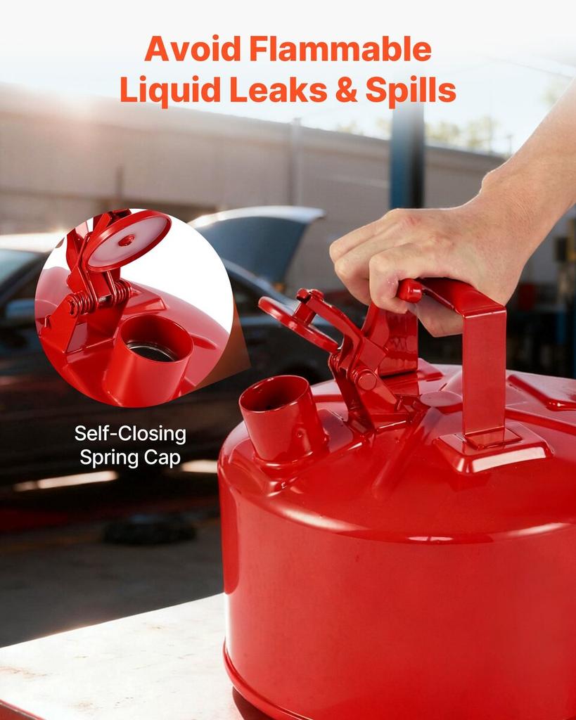 Safety Gas Can, 9.5 L Type I Red Safety Can for Gasoline with Stainless Steel Flame Arrester, Self-Closing Lid, and PE Funnel, Carbon Steel Flammable