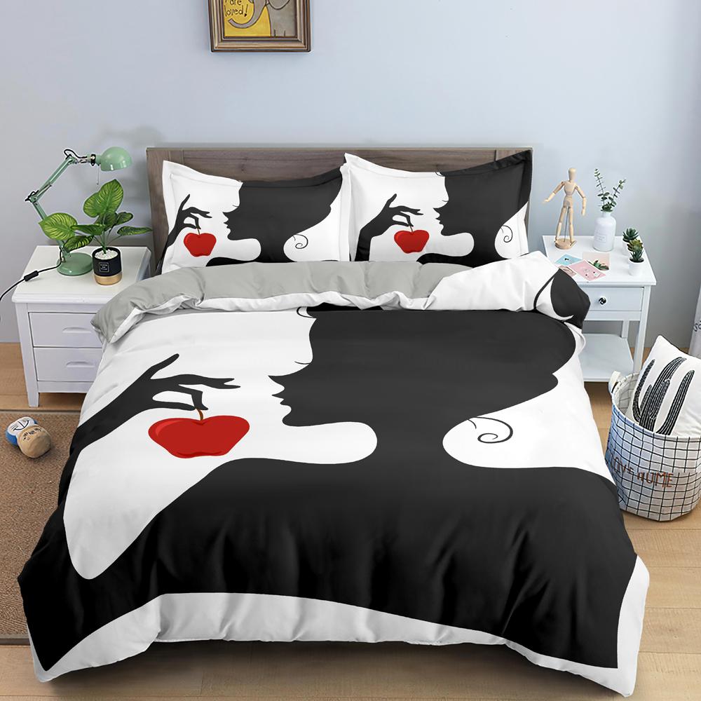 Hand-drawn Woman Portrait Duvet Cover Set Microfiber Black And White Floral Background Bedding Set For Girls 2/3pcs Quilt Cover