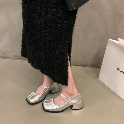 Fashion French High Heels Silver Temperament Mary Jane Single Shoes Women's Shoes New Summer Square Head Black Small Leather Shoes