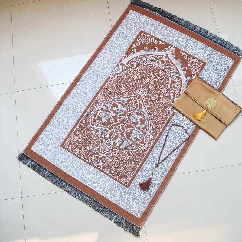 Turkish Style Gloss Silk-Like Printed Non-Slip Prayer Rug with Matching Carry Bag Popular Ramadan Religious Present Mat
