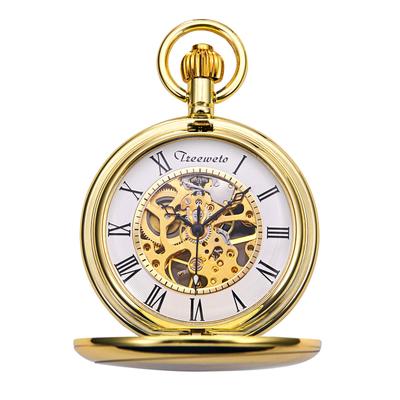 TREEWETO Mechanical Pocket Watch, Classic Antique Skeleton, Roman Numerals, Gold, with Chain