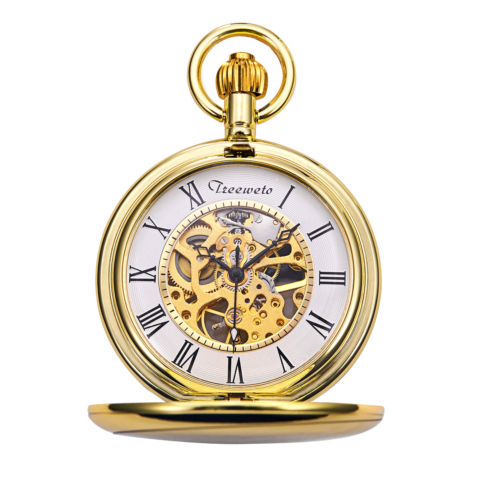 TREEWETO Mechanical Pocket Watch, Classic Antique Skeleton, Roman Numerals, Gold, with Chain