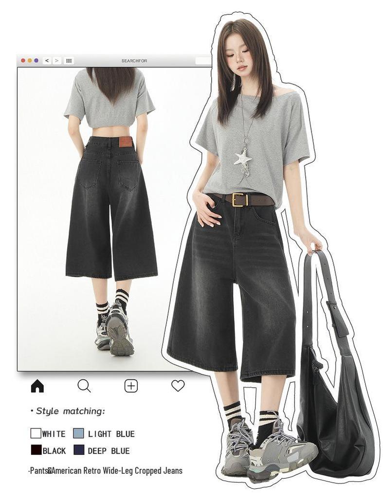 Women's American Retro High Waist Seven-Point Denim Shorts - Spring/Summer 2026, Slimming Wide-Leg Mid-Length Design.