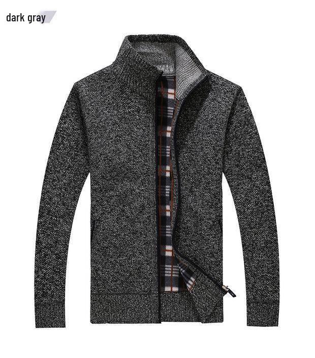 Men's Fleece-Lined Stand-Up Collar Cardigan: Thick, Solid Color, Plus Size Knit for Autumn/Winter.