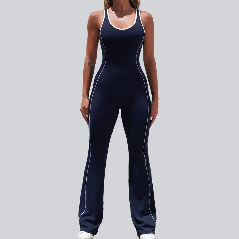 JYL Hollow Back Yoga Jumpsuit Contrast Hip Lifting Flared M черный кожаный жакет