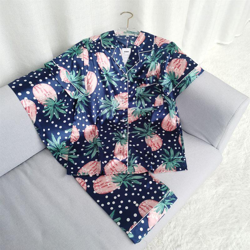 

Two-piece Set Cute Korean Pajamas Women s Sexy Thin Silk Summer Suit Silk Summer Short-Sleeved Homewear Navy L