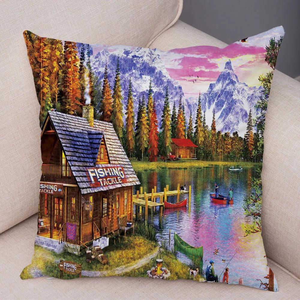 Vintage Colorful Style Coconut Tree Pillow Cover Country House Landscape  Sofa Car Office Cushion  Home Decor