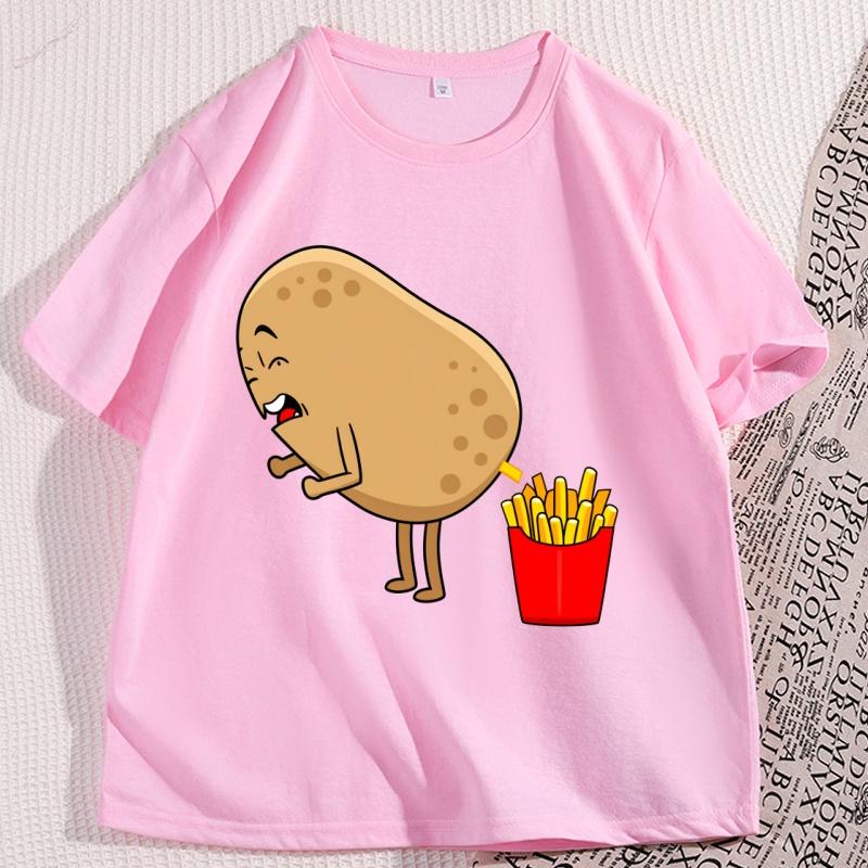 Funny Potato Fries Cartoon T Shirt Kawaii Food Humor Tshirt for Men Women Casual Loose Printed Tshirt Short Sleeve Clothes