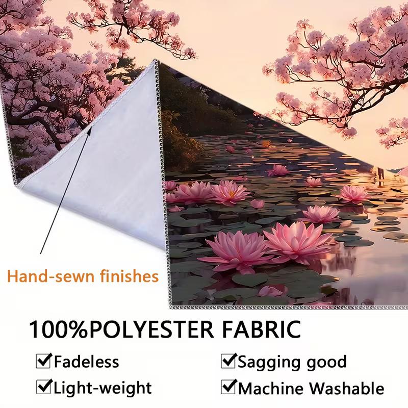 2D Pink Cherry Blossom Lake Tapestry, HD Print Lotus Flower Nature Wall Cloth for Home Studio & Party Decoration