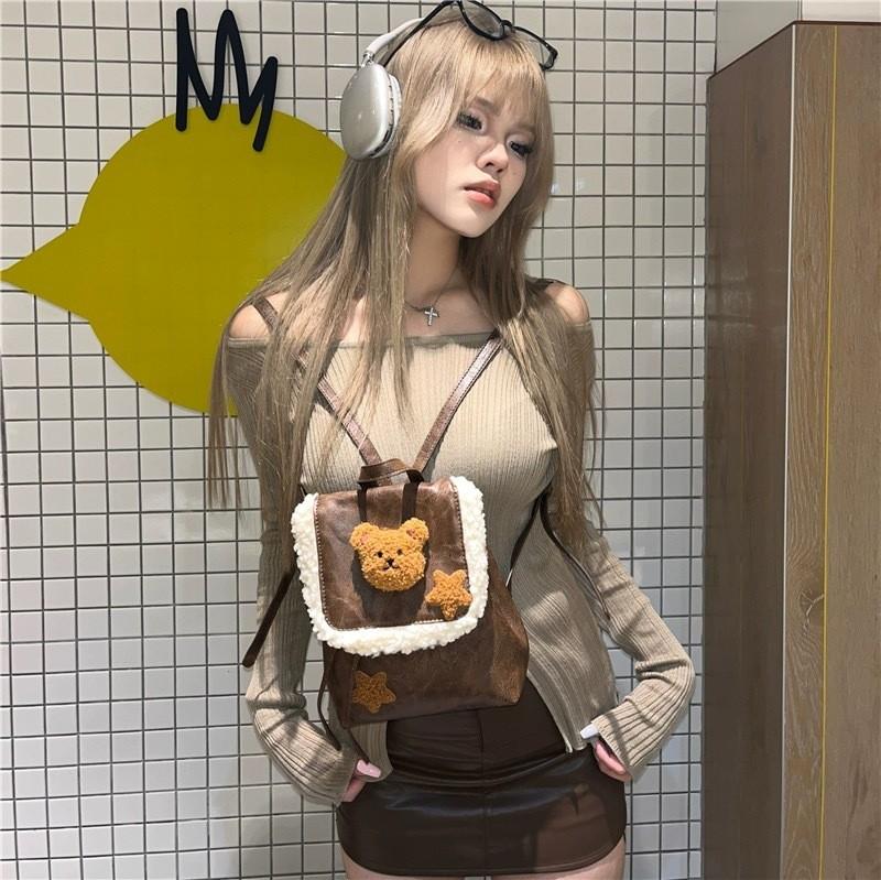 Plush Teddy Bear Printed Brown Backpack Outdoor Cute Casual Fashion Handbag
