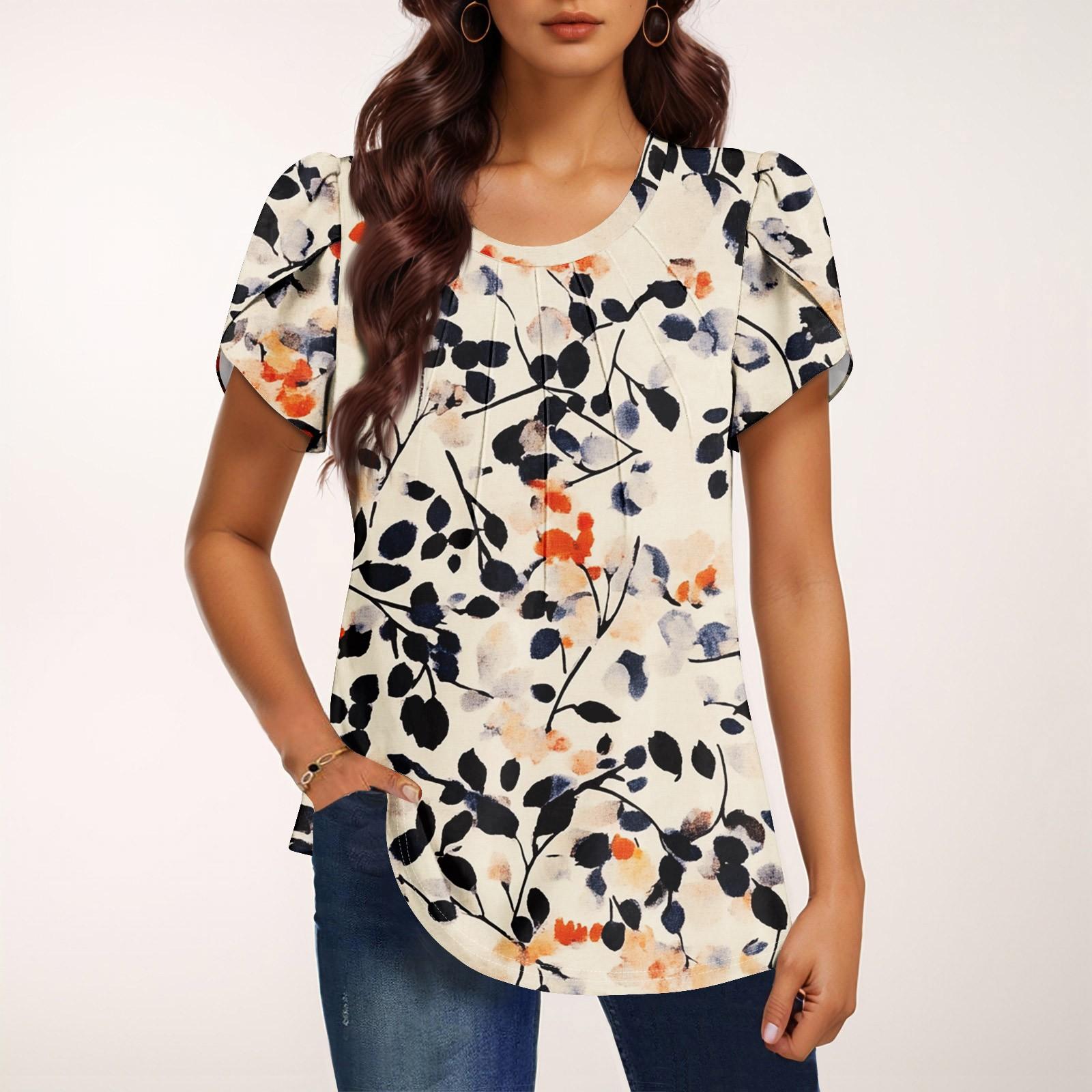 

Женская модная футболка с круглым вырезом и коротким рукавом с принтом, повседневная, базовая, плиссированная, пуловер M