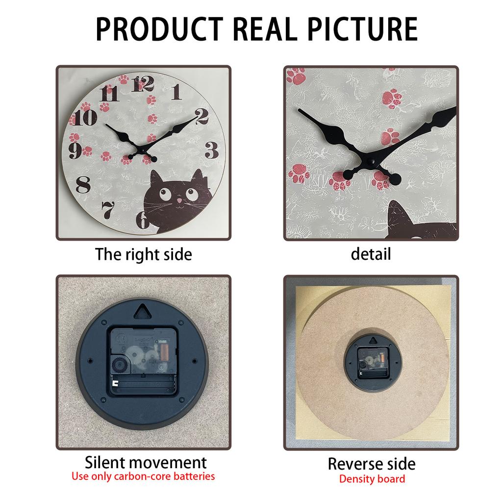 Personalized Cute Black Cat Paw Print Heart Pattern Wooden Wall Clock Silent Quartz Clock (No Battery)