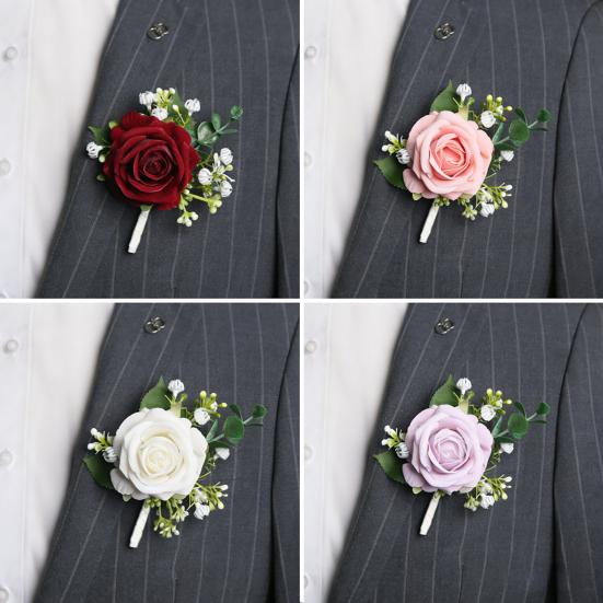 Suit Corsage Wedding Wristlet Band with Faux Pearl Embellished Simulated Roses Bride Groom Romantic Floral Accessories Prom Decoration
