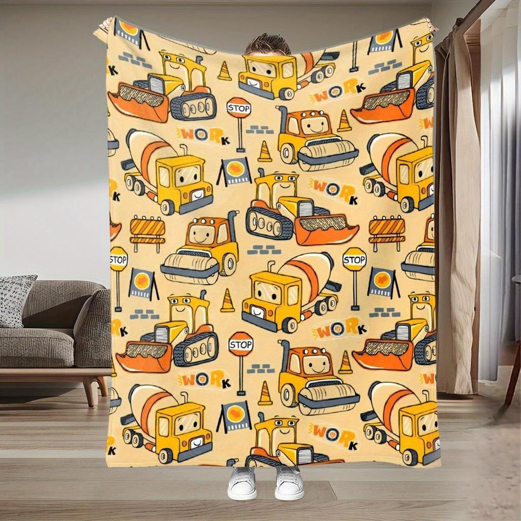 Construction Vehicle Bedspread - Heavy-Duty  Flannel Truck & Bulldozer Blanket, All-Season Soft Warm Quilted-Like Bed Cove