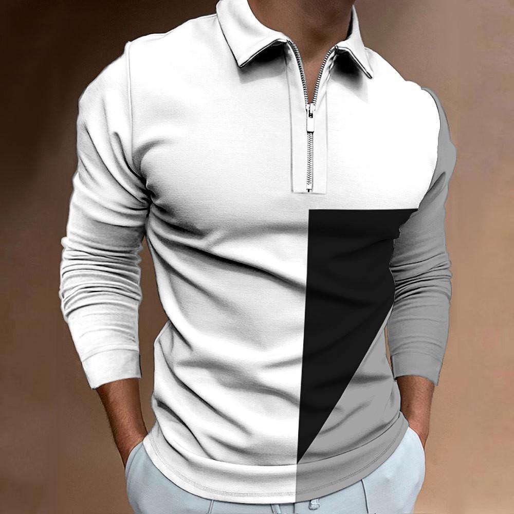 Mens Color Block Zipper Casual Slim Fit Long Sleeve Polo Shirt