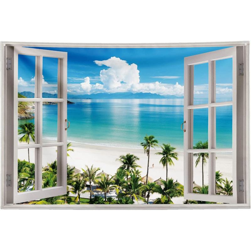 VIKAMA Tropical Ocean Beach Tapestry Coconut Tree Coast Wall Hanging Natural Island Style Window Decor Perfect for Living Rooms