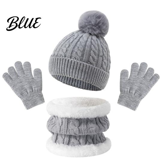 Soft Comfortable Winter Headwear Kids Warm Knit Set Bear Ear Hat Fleece Lined Neck Gaiter & Thermal Accessories Full Finger Gloves Thick