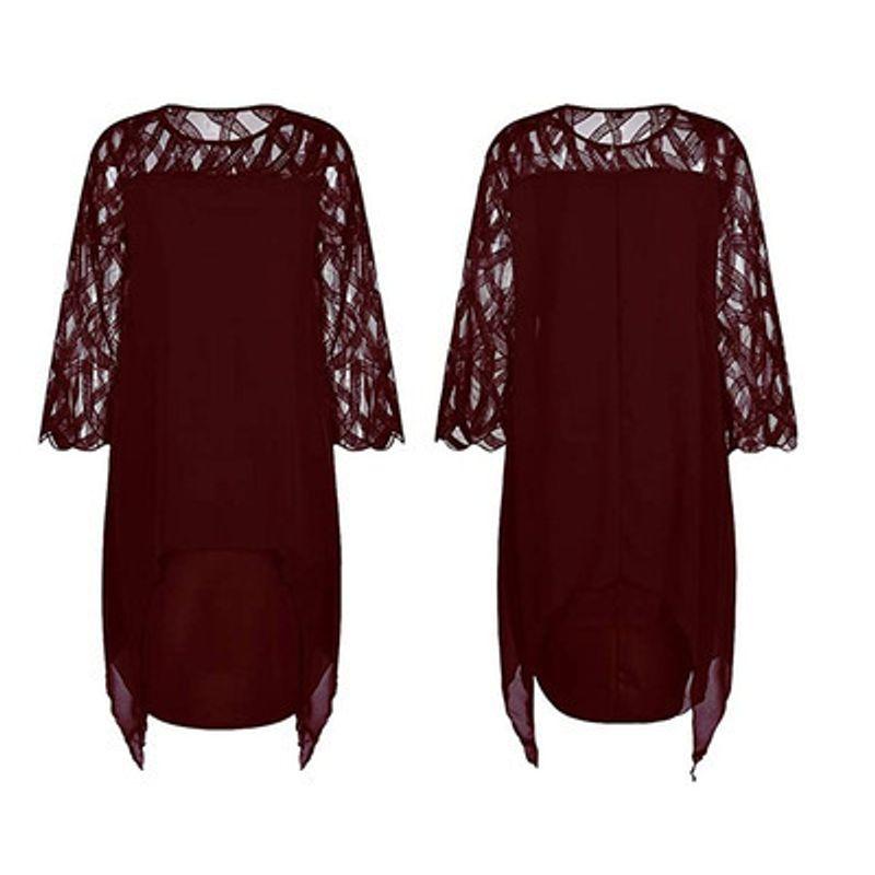 Chiffon Dress Spring European and American Women's Clothing Lace Patchwork 3/4 Sleeve Asymmetrical Hem Chiffon Dress
