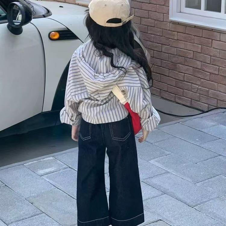 

Весенний наряд для корейских девочек: Полосатая рубашка с длинным рукавом и джинсовые брюки широкого кроя 100 cm