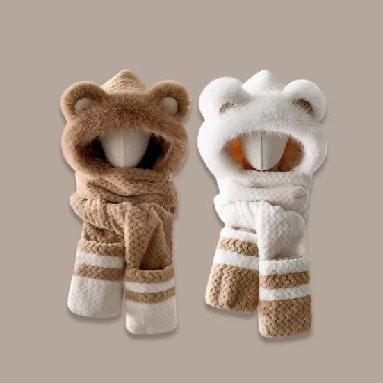 3 in 1 Hat Scarf Gloves Set Bear Ear Decor Thickened Plush Winter Hat Matching Scarf Gloves Function Cold Weather Outfit