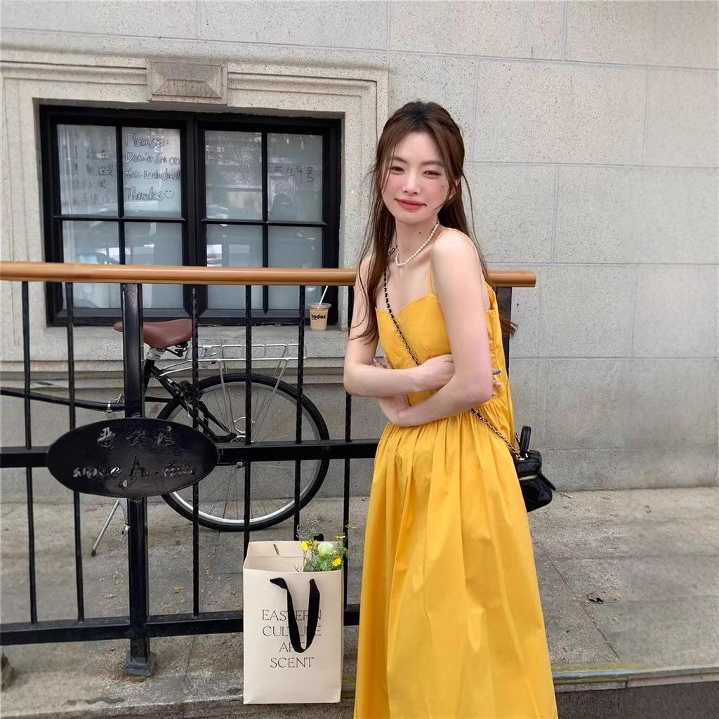 New Seaside Vacation Yellow Suspender Dress Children Summer French Gentle Wind Travel Wear Long Dress