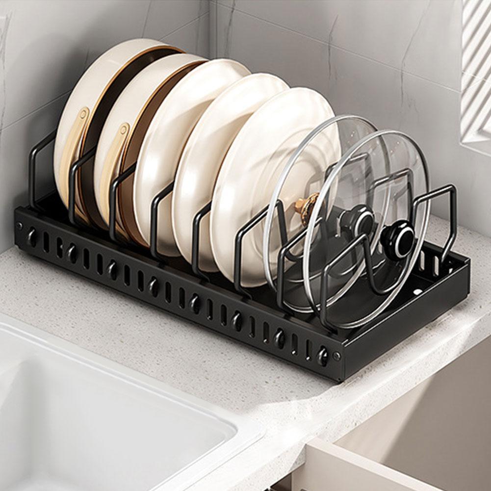 Kitchen Pots Pans Organizer with 8 Adjustable Dividers Sliding Dish Drying Shelf Sliding Lid Holder Pan Rack for Under Cabinet