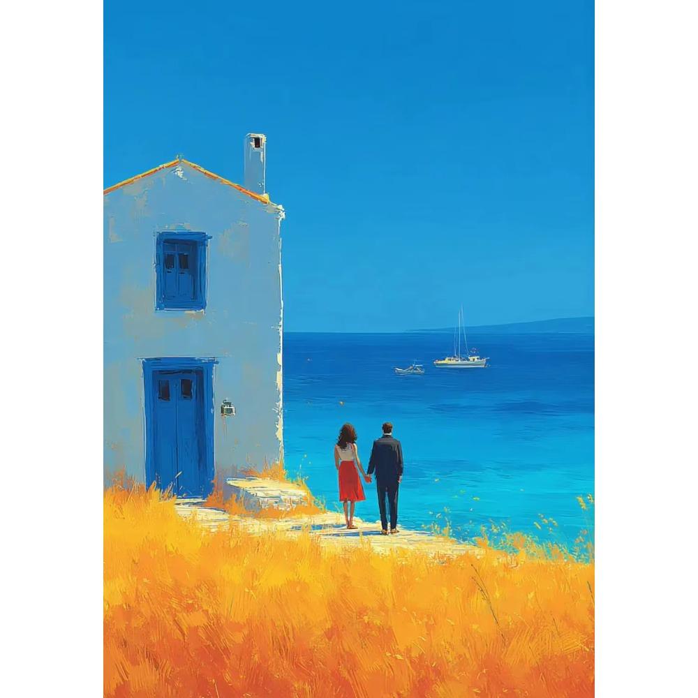 Mediterrane Landschaft Kräftiges Orange Blau Gebäude Küstenblau Sommer Poster Leinwandbild Druck Wandbilder Zuhause