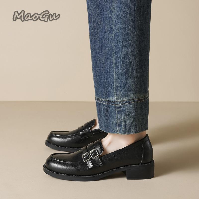 Fashion Thick Soled Loafers for Women Spring Autumn Black Single Shoes Elegant Office Ladies British Style Shoes Leather Mid Heel Pumps