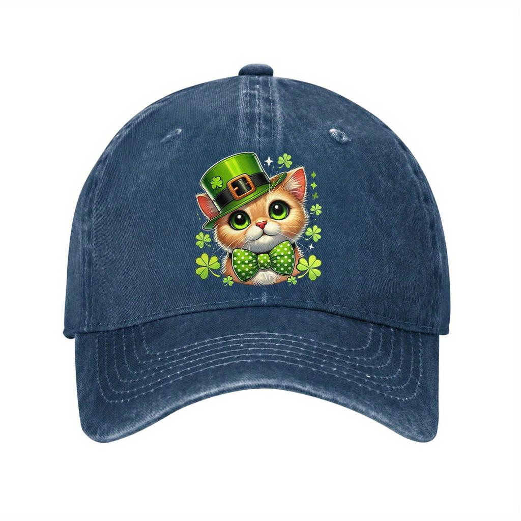 St Patrick Day Cute Cat Shamrock Print Denim Baseball Cap Vintage Adjustable Outdoor Trucker Hat Unisex