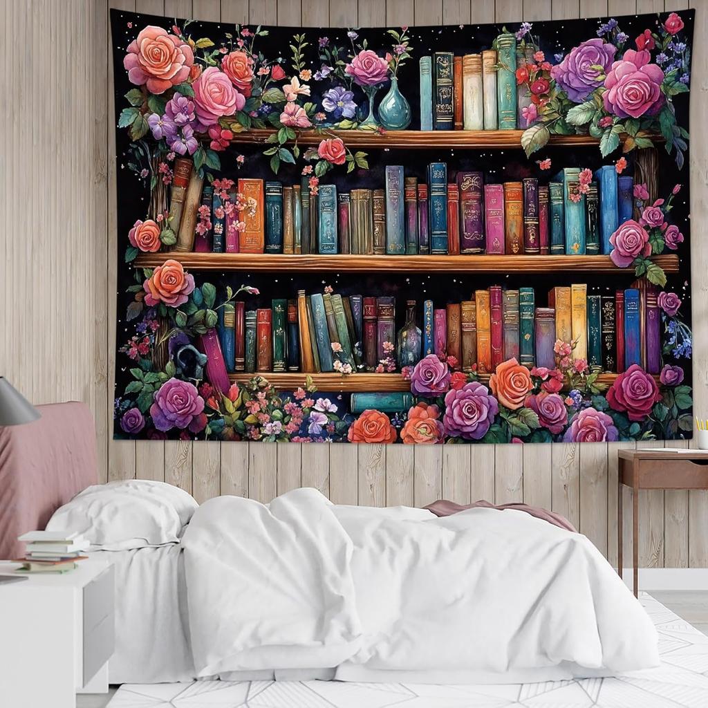 Fantasy Library Tapestry Fairytale Tree Vintage Bookshelf Tapestry for Bedroom Retro Bookshelf Book Wall Decor for Classroom