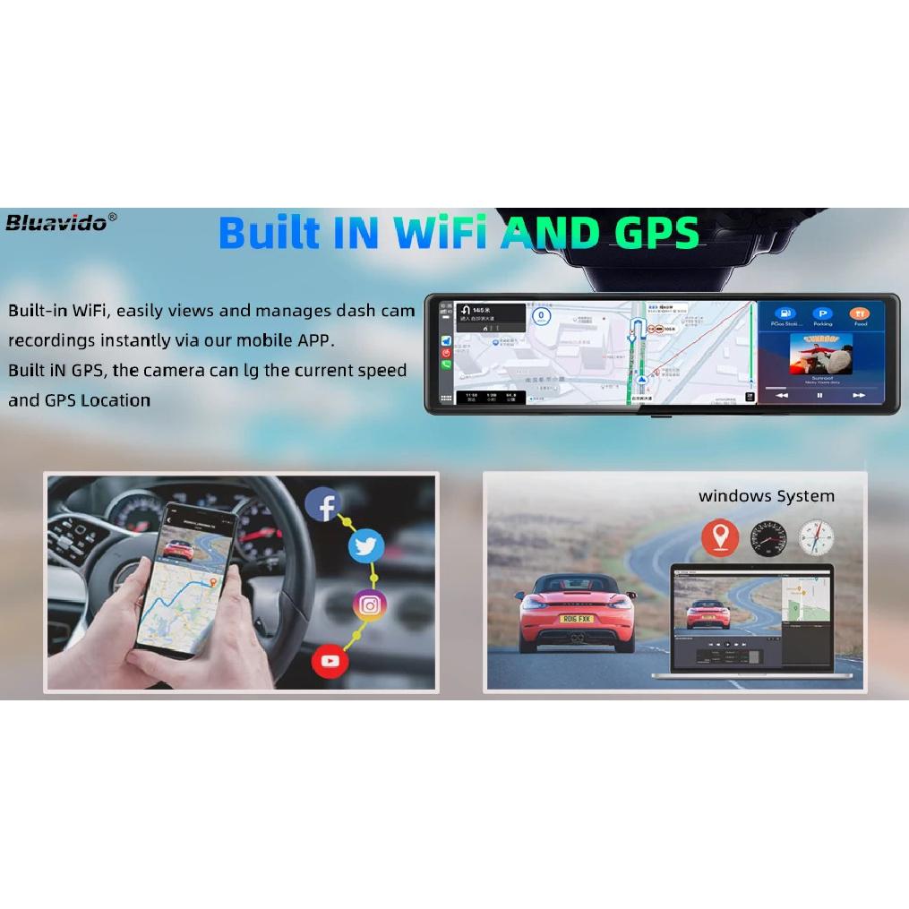 4K UHD 11.26 Inch 3 Channel Dash Cam GPS with Wireless Apple Carplay & Android Auto Voice Control Backup Camera IR Night Vision