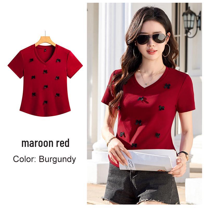 

Women s 3D Bow Short Sleeve Summer Slim Fit Pleated Top 339 XXL темно-красного